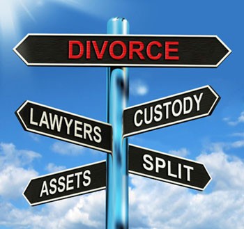 Divorce sign. Road signs: Divorce, custody, lawyers, assets.