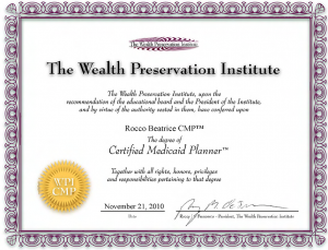 CMP Certified Medicaid Planner designation from the Wealth Preservation Institute: Rocco Beatrice: large