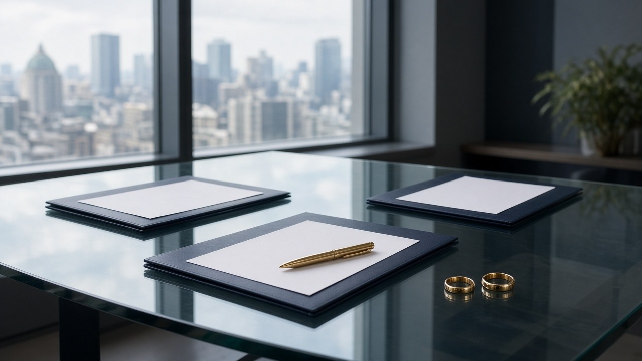 Documents, a gold pen and two wedding rings on a glass table, estate planning for divorce