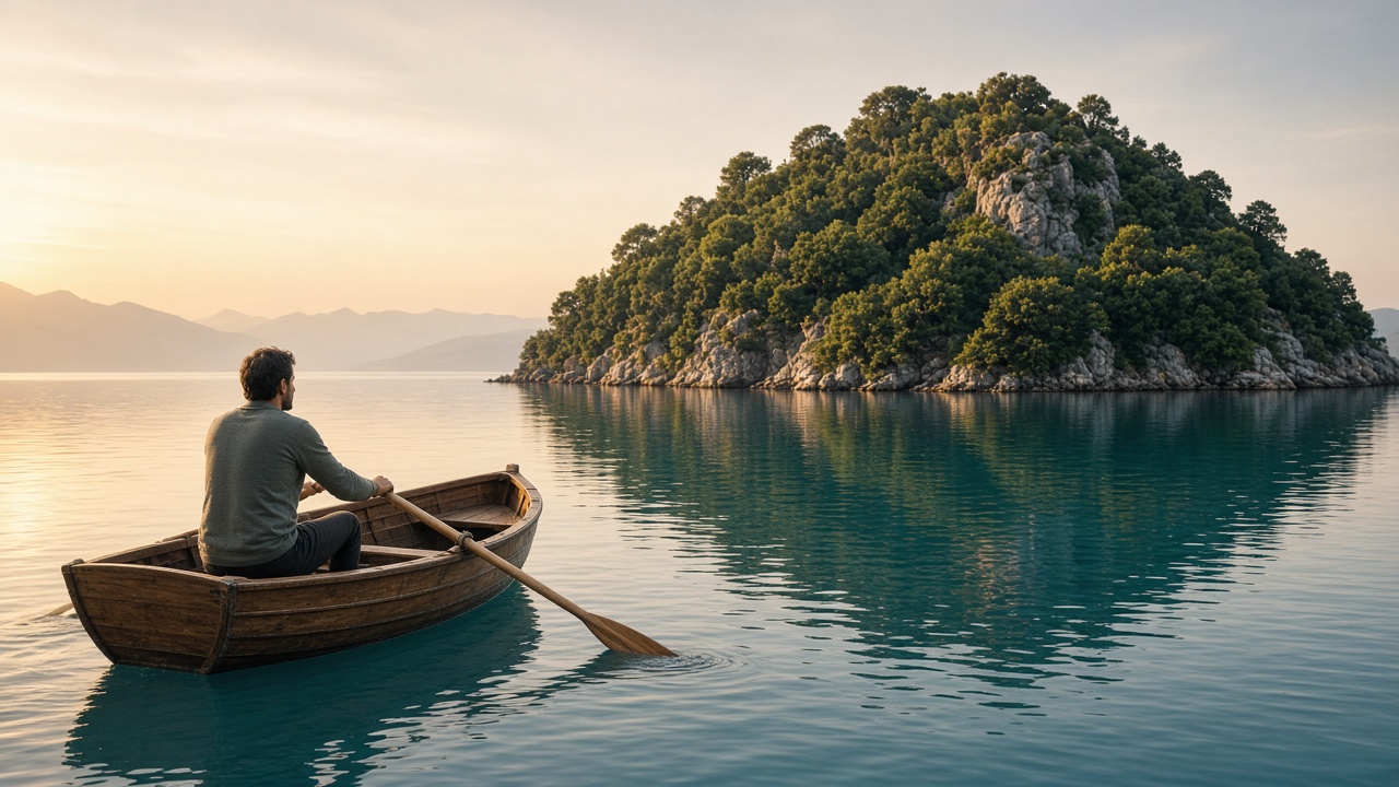 Man rowing toward an island, a metaphor for long-term growth mutual fund investing
