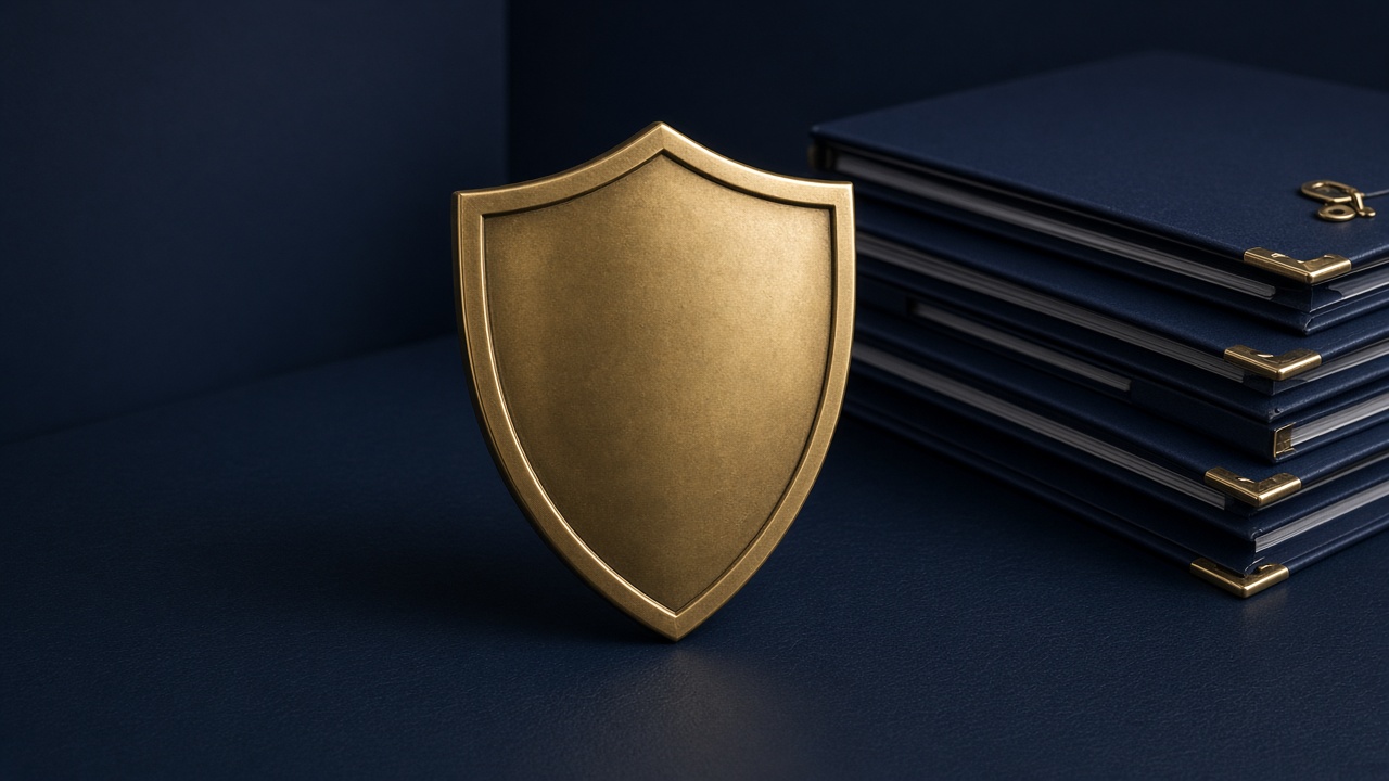 Brass shield on a desk, representing LLC advantages benefits with an irrevocable trust
