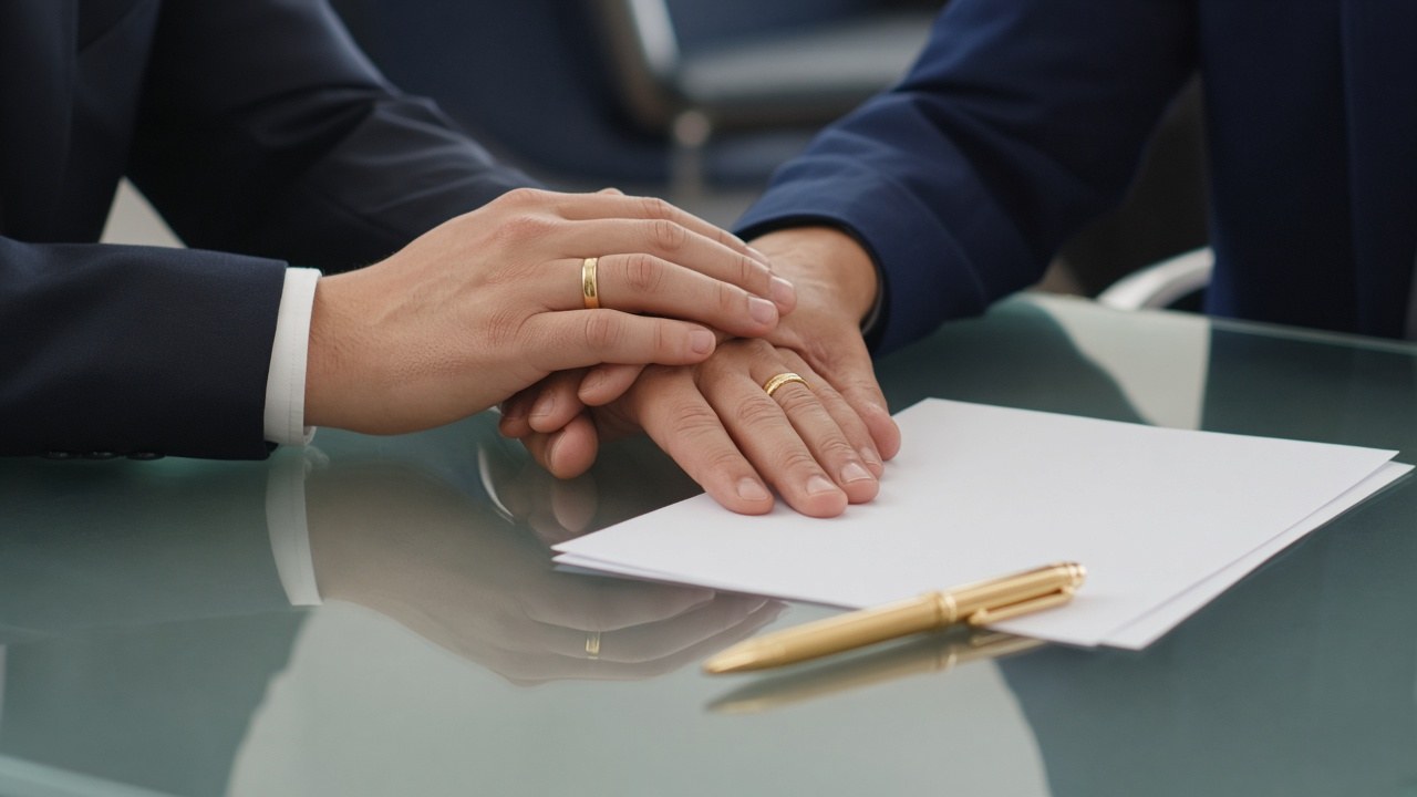 Couple holding hands over papers and a gold pen, planning to protect assets from lawsuits and divorce