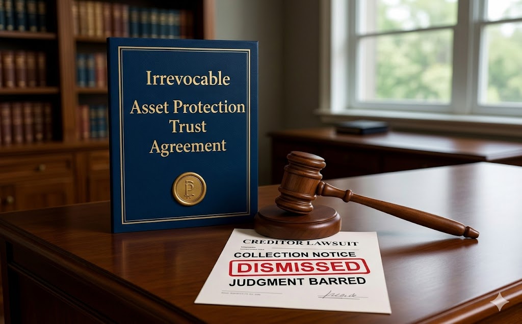Court gavel on top of asset protection trust paperwork showing creditor lawsuit outcome
