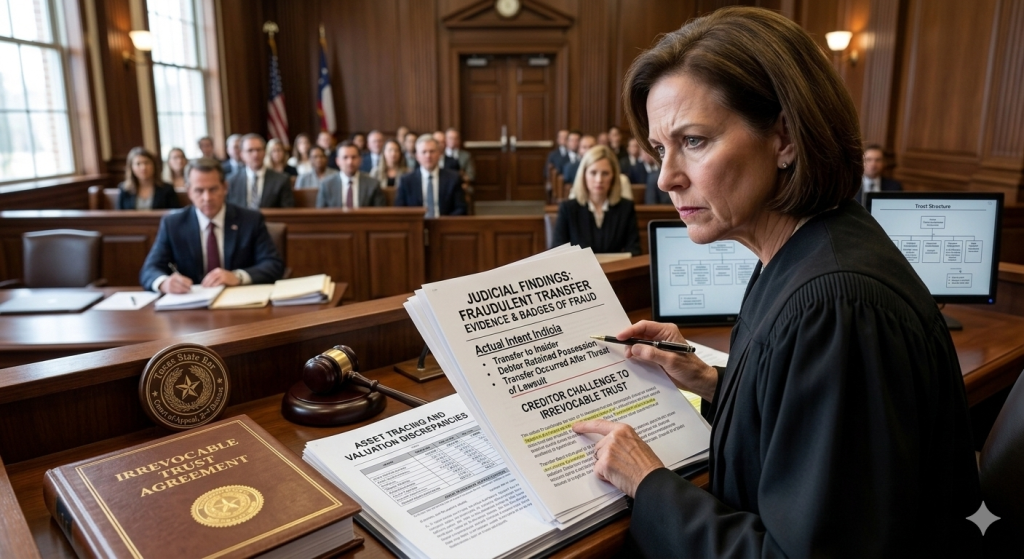 A judge reviewing fraudulent transfer evidence and badges of fraud in a courtroom during an irrevocable trust creditor challenge
