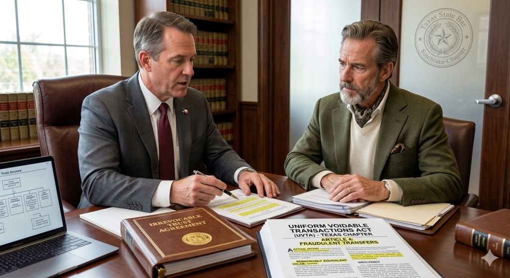 An asset protection attorney reviewing fraudulent transfer law with a high-net-worth client to protect an irrevocable trust from creditor challenges under the UVTA