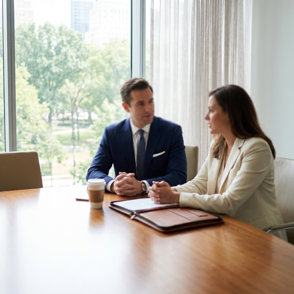 A financial advisor presenting legal asset shielding strategies to a wealthy business owner using LLC and irrevocable trust structures for creditor protection