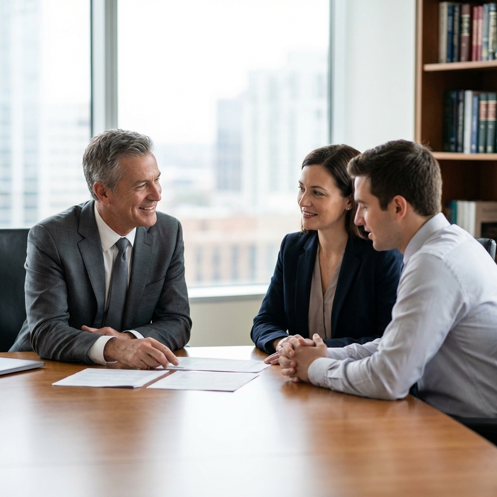 A business owner and adult children discussing a family limited partnership agreement in a modern office setting