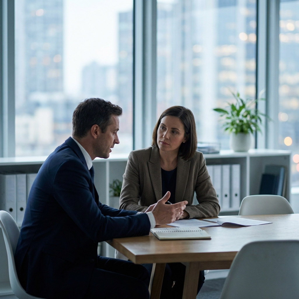 A wealthy business owner and independent trustee reviewing discretionary distribution language in an irrevocable trust document for maximum creditor protection
