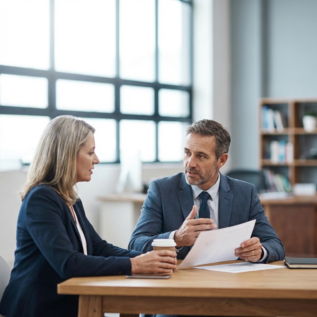 An estate planning attorney reviewing irrevocable trust distribution standards with a high-net-worth client in a private office setting