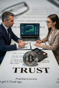 Estate planning attorney helping crypto investor place digital assets in irrevocable trust 