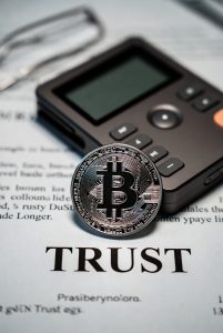 Bitcoin placed on irrevocable trust document representing crypto asset protection planning