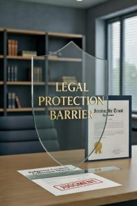 Judgment creditor collection notice next to irrevocable trust document showing legal protection barrier