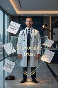 Doctor standing behind a protective shield labeled "Irrevocable Trust" as malpractice lawsuit papers and gavel bounce off, symbolizing how physicians legally protect personal assets from malpractice judgments