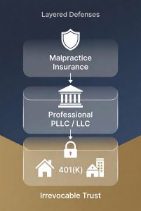 Layered asset protection diagram for doctors showing malpractice insurance as the first layer, professional LLC as the second, and irrevocable trust as the unbreakable final layer safeguarding personal wealth