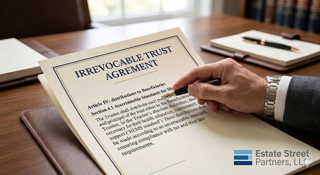 Estate planning attorney pointing to trust distribution standard clause in irrevocable trust document | Caption: