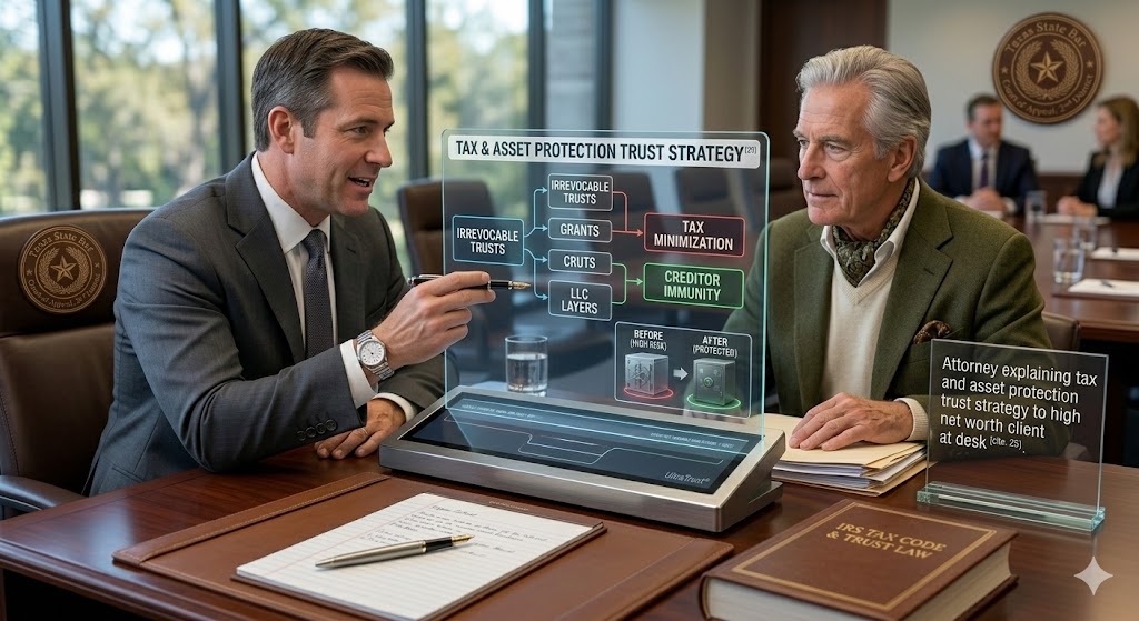Asset protection trust lawyer explaining tax and asset protection trust strategy to high net worth client at desk